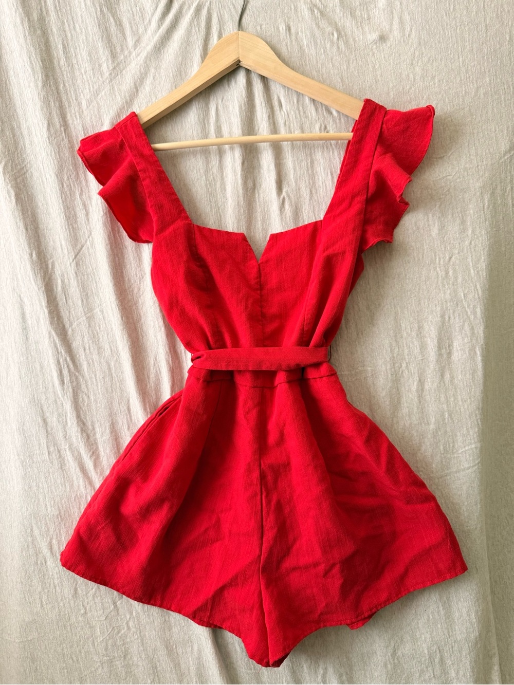 Francesca’s Red Ruffle Strap Romper